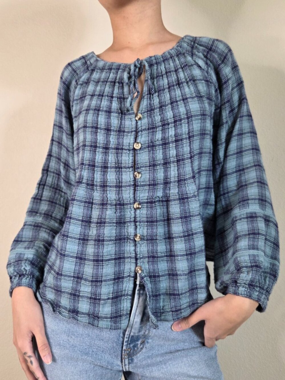 Lucky Brand Blue Plaid Tie Front Flowy Longsleeve Top - Small